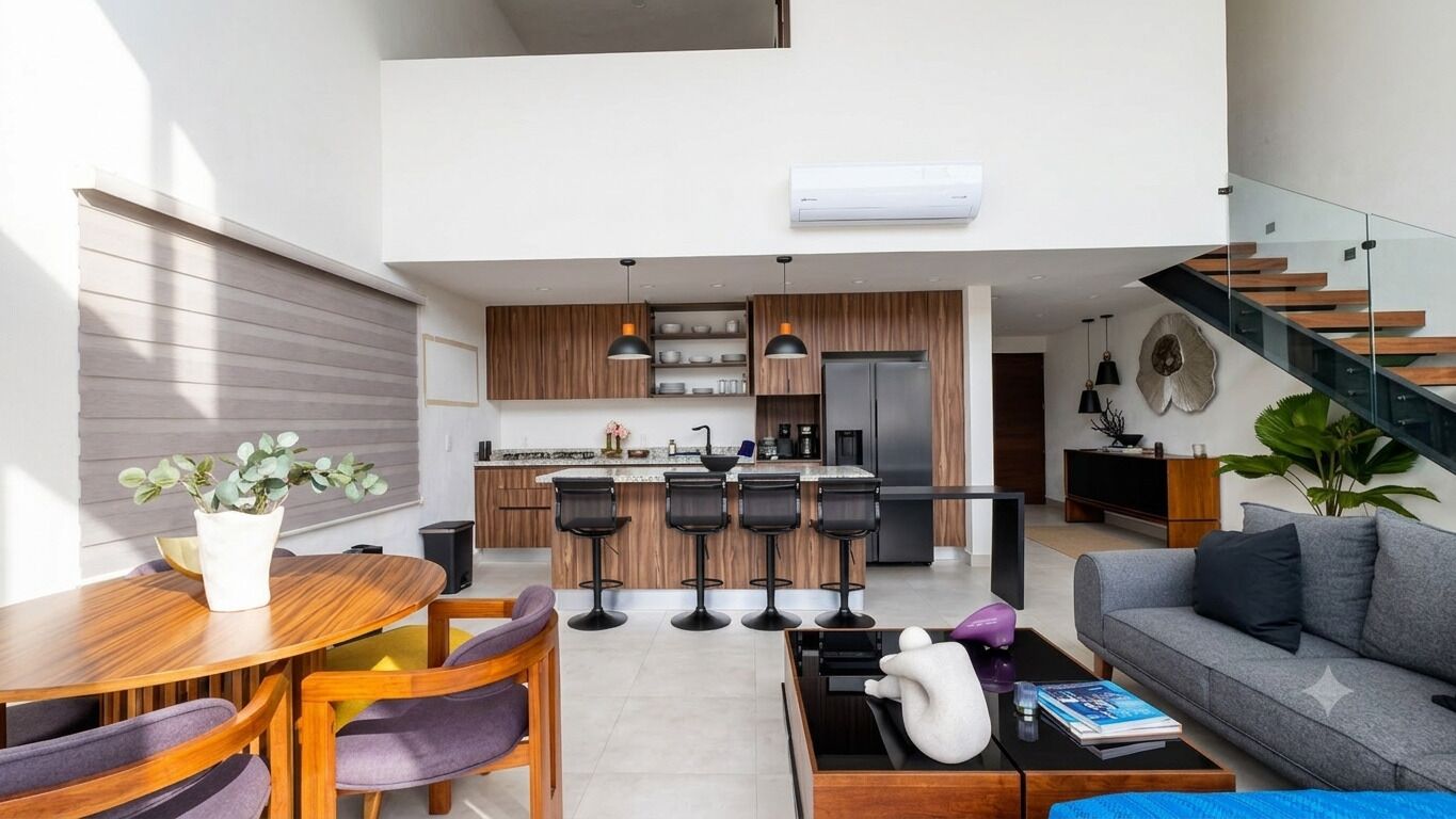 Un espacio habitable moderno de concepto abierto con cocina, comedor y escalera.