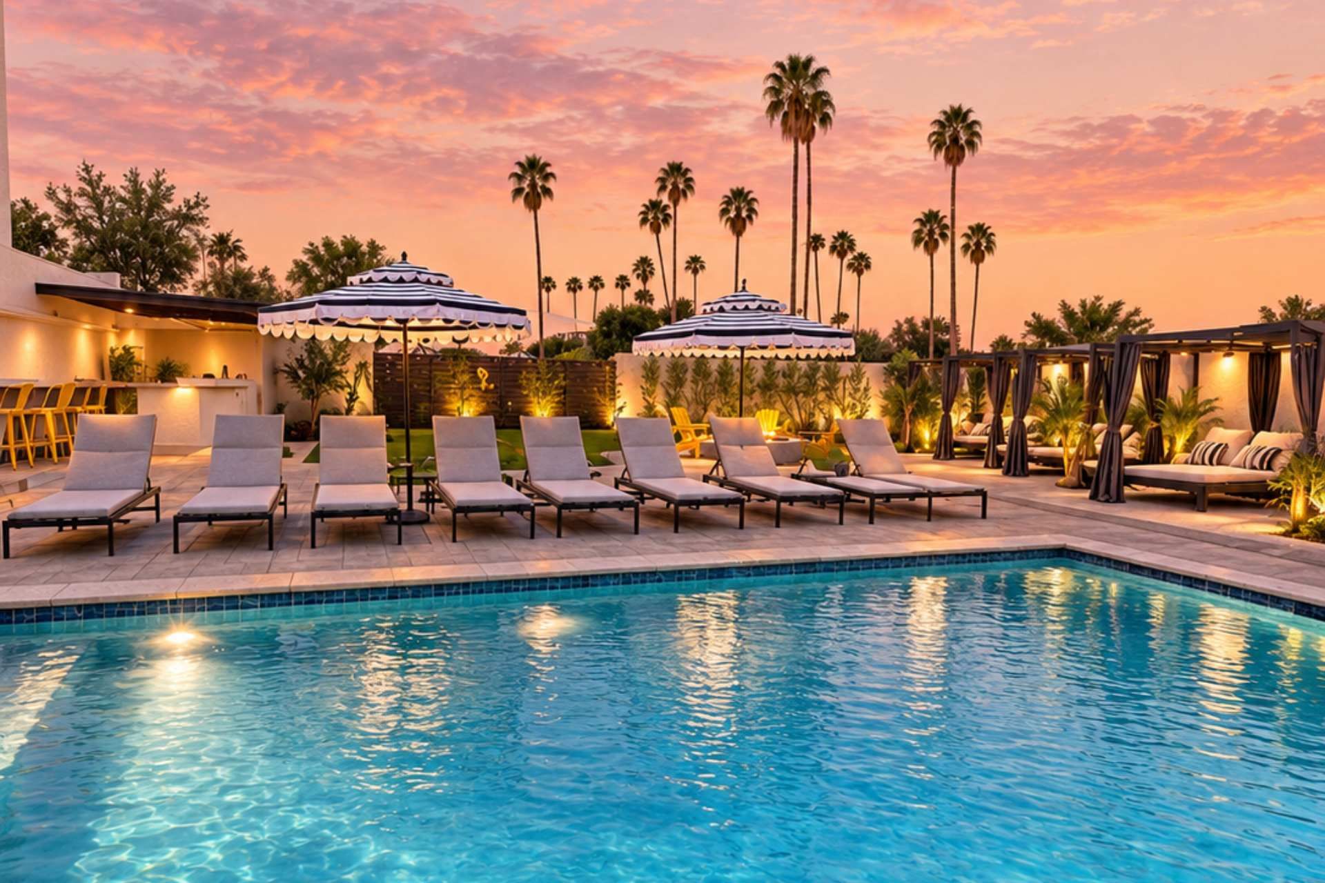 Incredible $400k resort-style backyard just added, complete with a pool, sun loungers, cabanas, fire pit, covered bar area, and more!