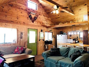 L’intérieur d’un chalet en bois, avec une porte verte, un canapé, une table à manger et un coin cuisine.
