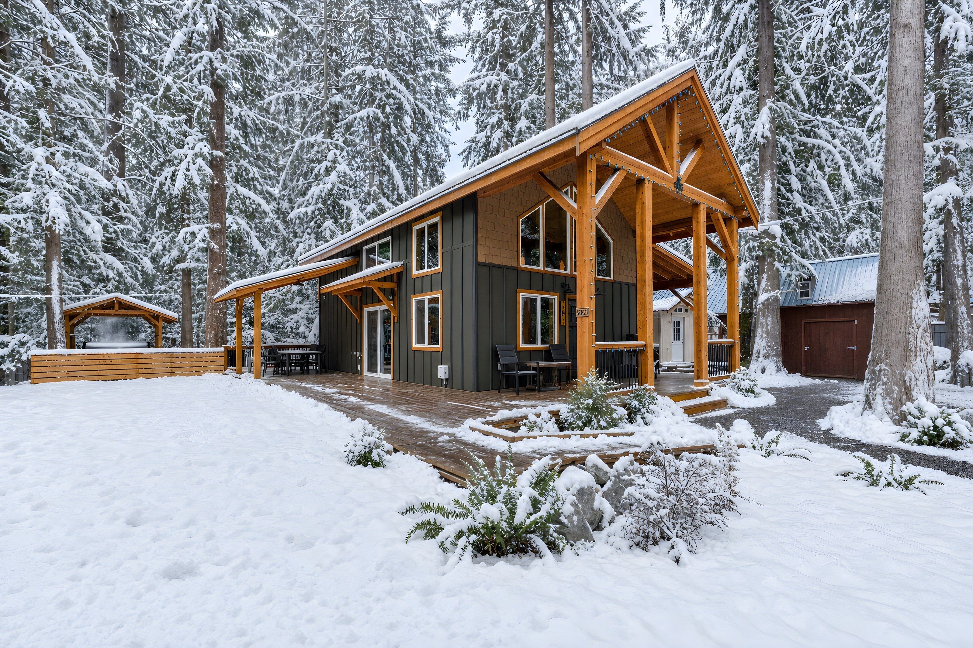 A two-story log cabin with a covered porch and a separate cabin structure.