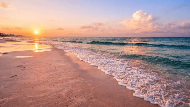 A beach with waves, a sunset, and a clear sky.