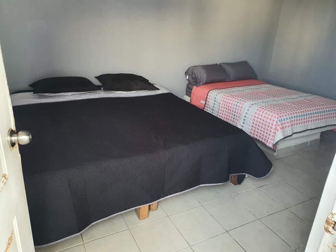 Une chambre avec deux lits, l’un recouvert d’une couvre-lit noire et l’autre d’une couvre-lit à motifs.
