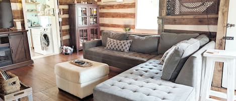 Smart TV, fireplace, books, music library