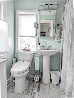 Secador de pelo, bidet, toallas, jabón