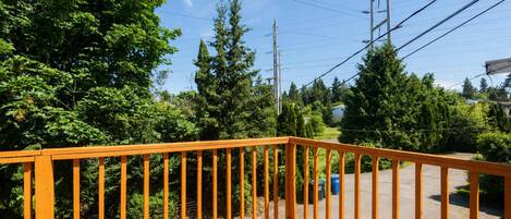A wooden deck with a metal railing, surrounded by trees and a clear sky.
