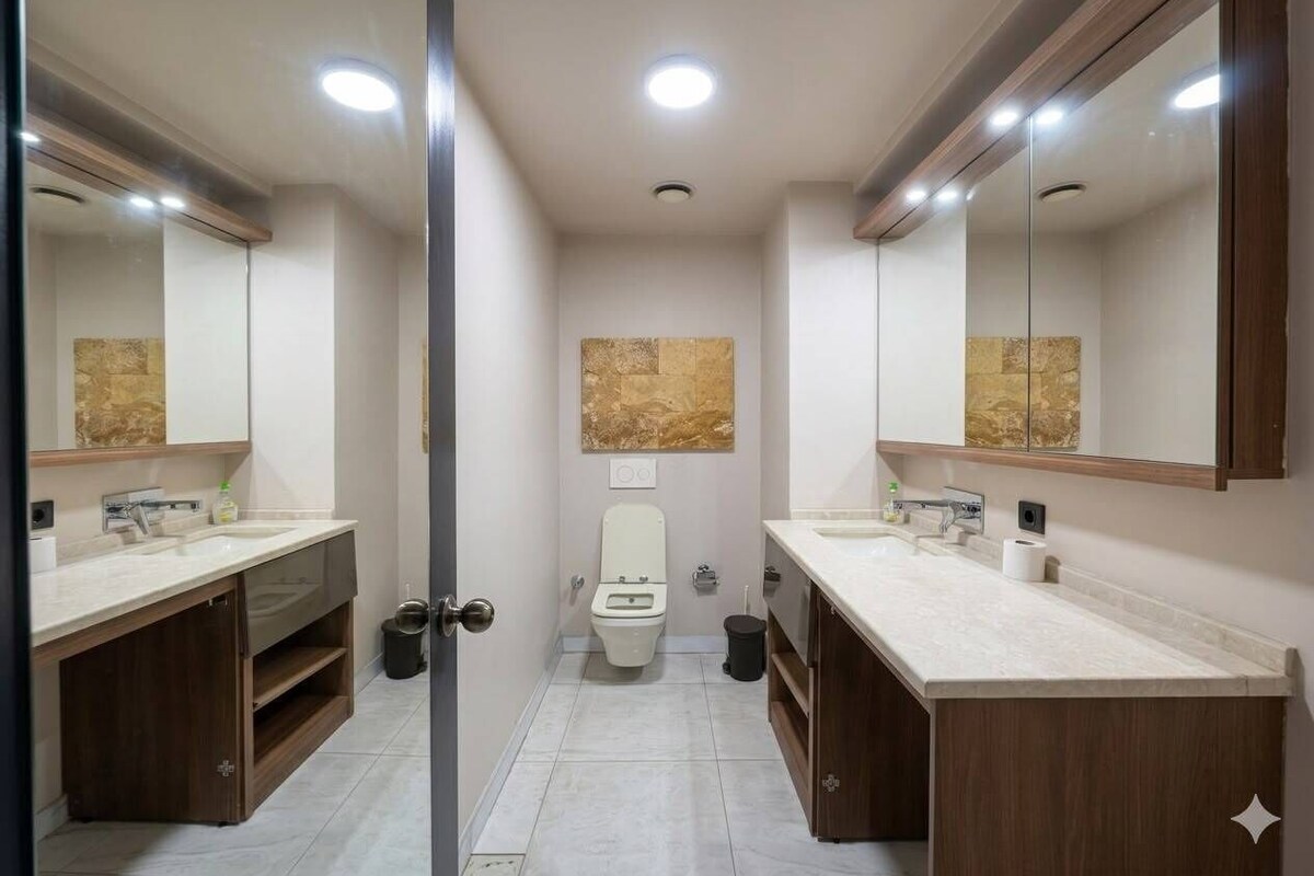 Uma casa de banho moderna com duas lavatórios, uma sanita e um espelho grande.