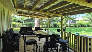 A covered patio with outdoor furniture, a table, and chairs.