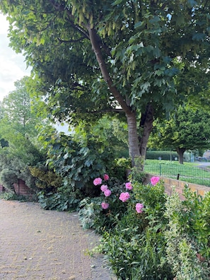 Un jardín con un árbol, plantas florecientes y un muro de ladrillo.