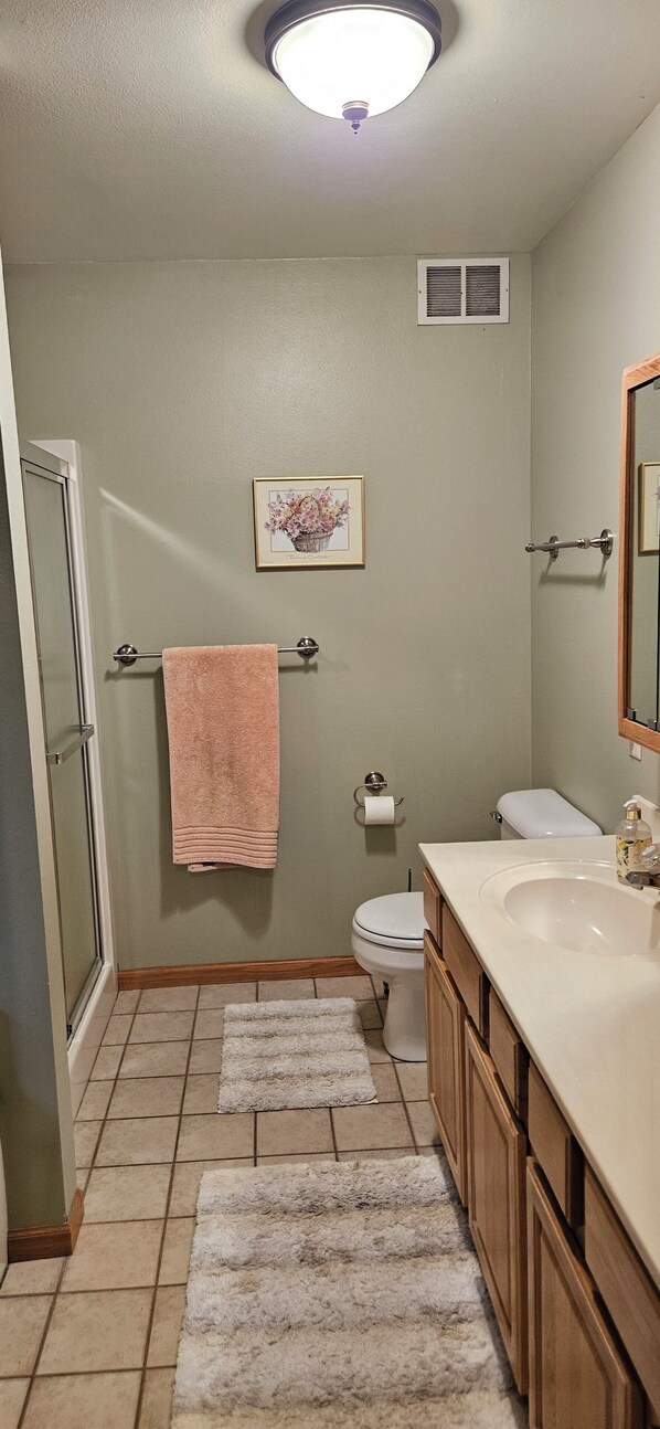 Une salle de bain avec une douche, des toilettes, un lavabo et un tableau encadré au mur.