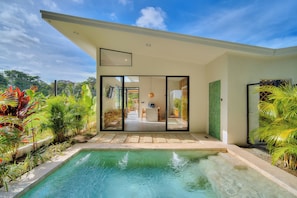 Una casa moderna con piscina, puertas correderas amplias y exuberante vegetación tropical.