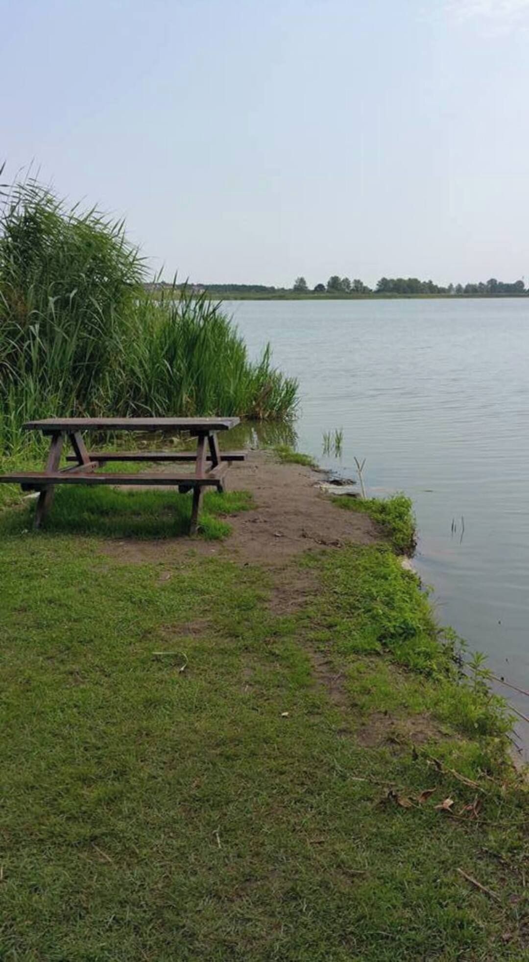 A picnic table by a lake with grassy banks and calm water.