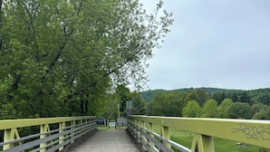 Un puente de madera con barandillas que conduce a un paisaje verde.