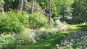 Ein Garten mit verschiedenen Pflanzen und Bäumen, einem grasbewachsen Pfad und einem kleinen Teich.