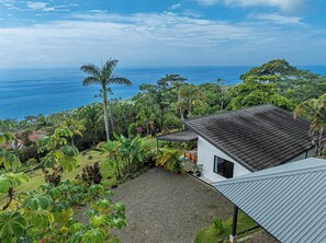 Ein Haus mit Meerblick, umgeben von üppigem Grün.