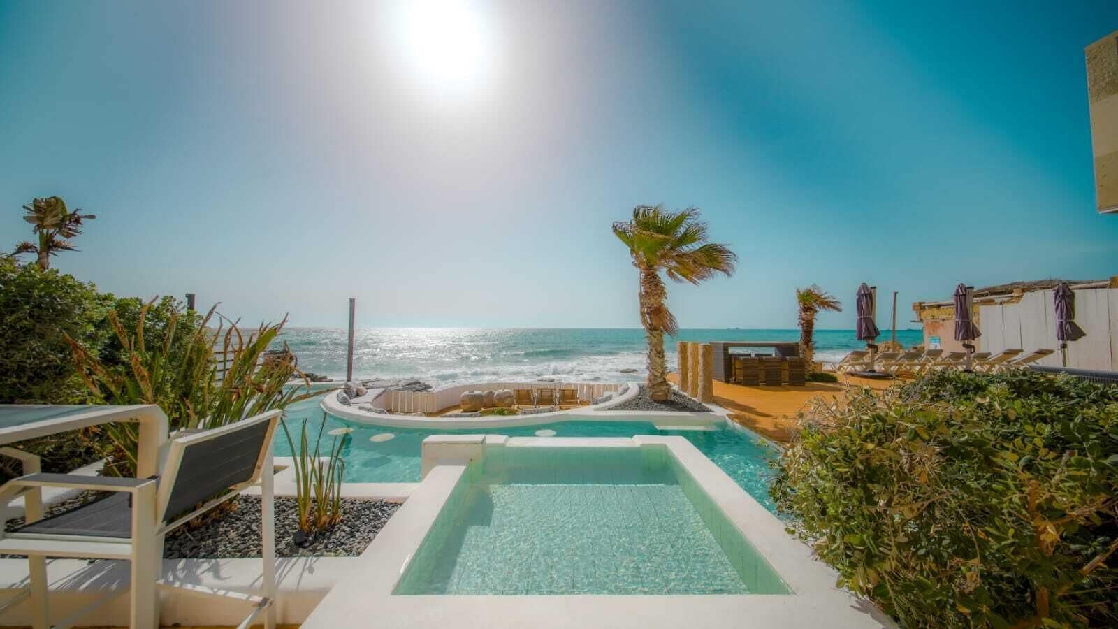 Ein Poolbereich mit Blick auf den Ozean, umgeben von Palmen und Liegestühlen.
