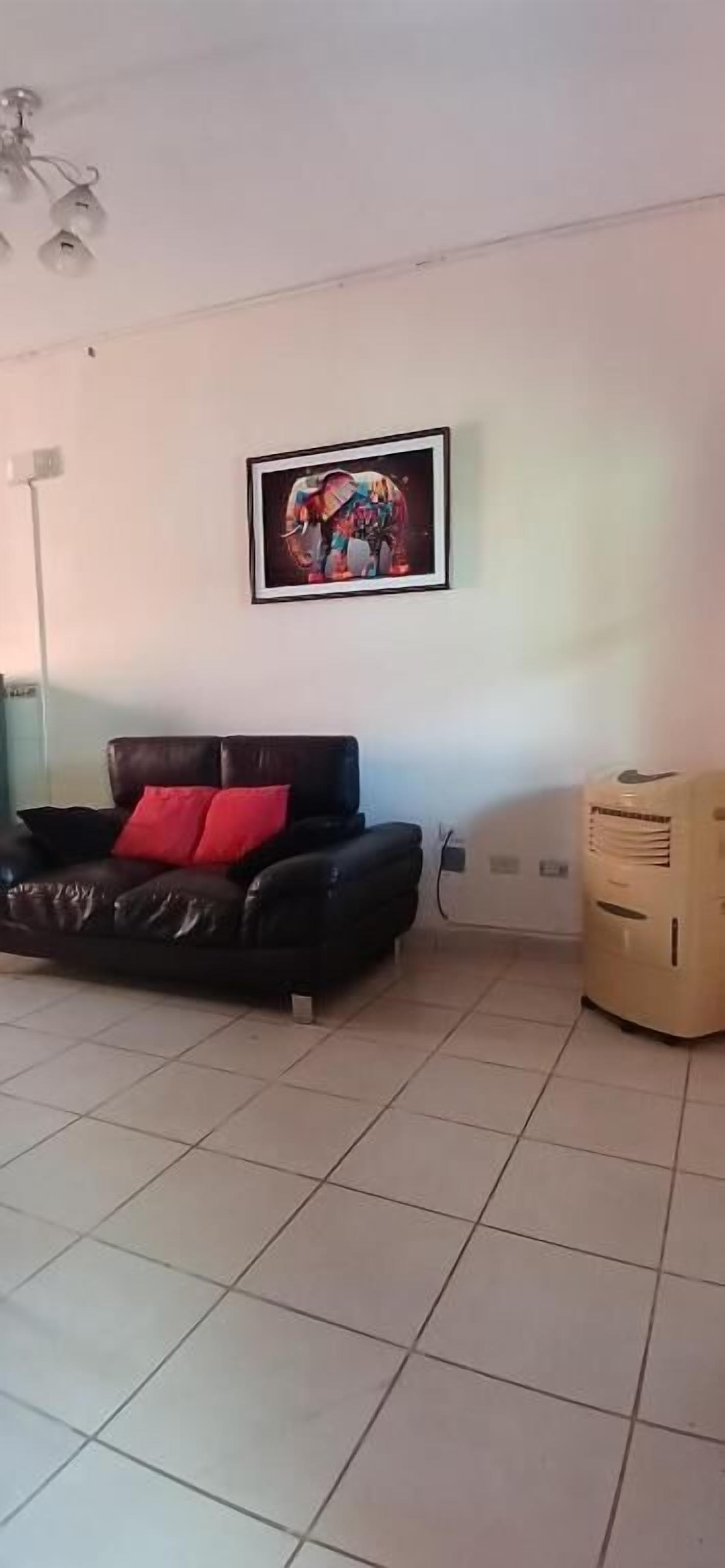 A living room with a black sofa, a red pillow, a framed artwork on the wall, and a beige air conditioning unit.