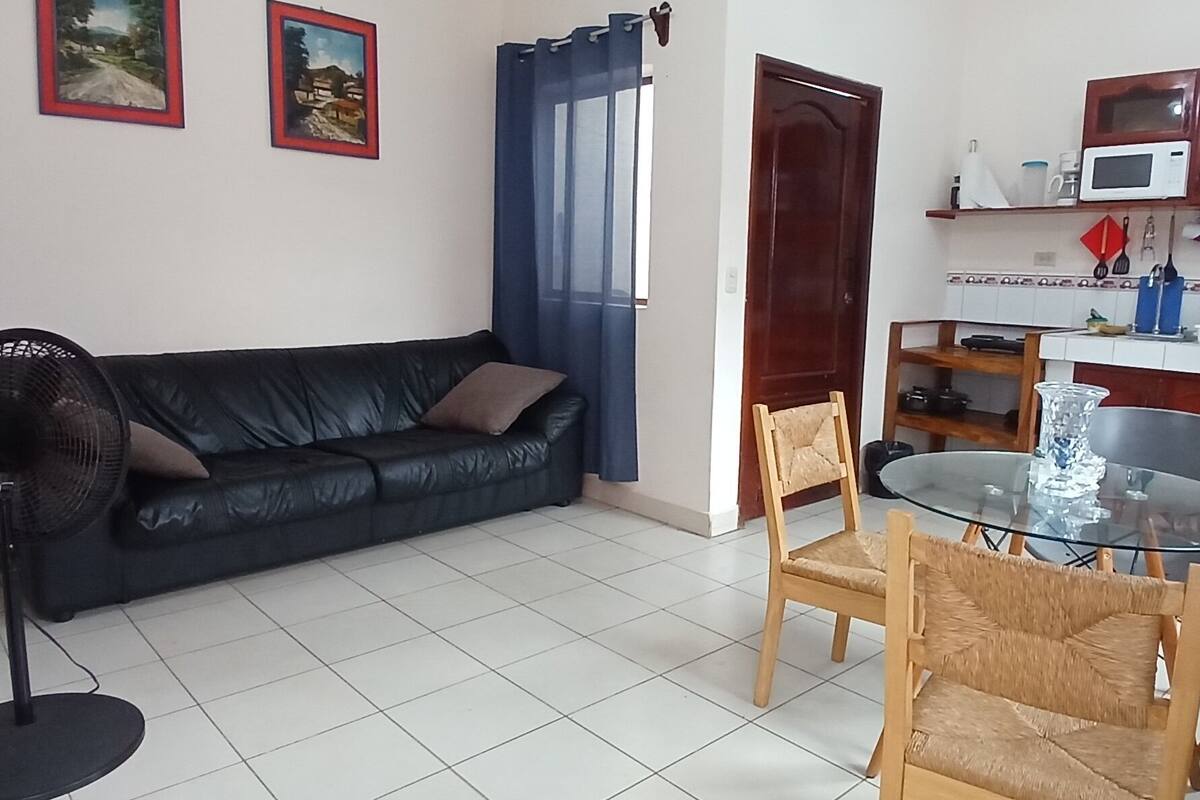 A living room with a black leather sofa, a glass table, two wooden chairs, a standing fan, a kitchen area with a microwave, a refrigerator, and a wooden door.