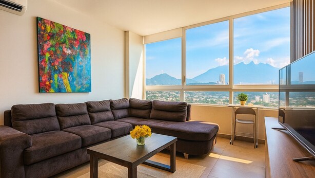 Ein modernes Wohnzimmer mit einem Ecksofa, einem Couchtisch, einem Fernseher und einem großen Fenster mit Blick auf Stadt und Berge.