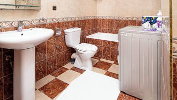 A bathroom with a sink, toilet, and washing machine.