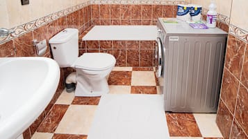 Shower, jetted tub, hair dryer, bidet
