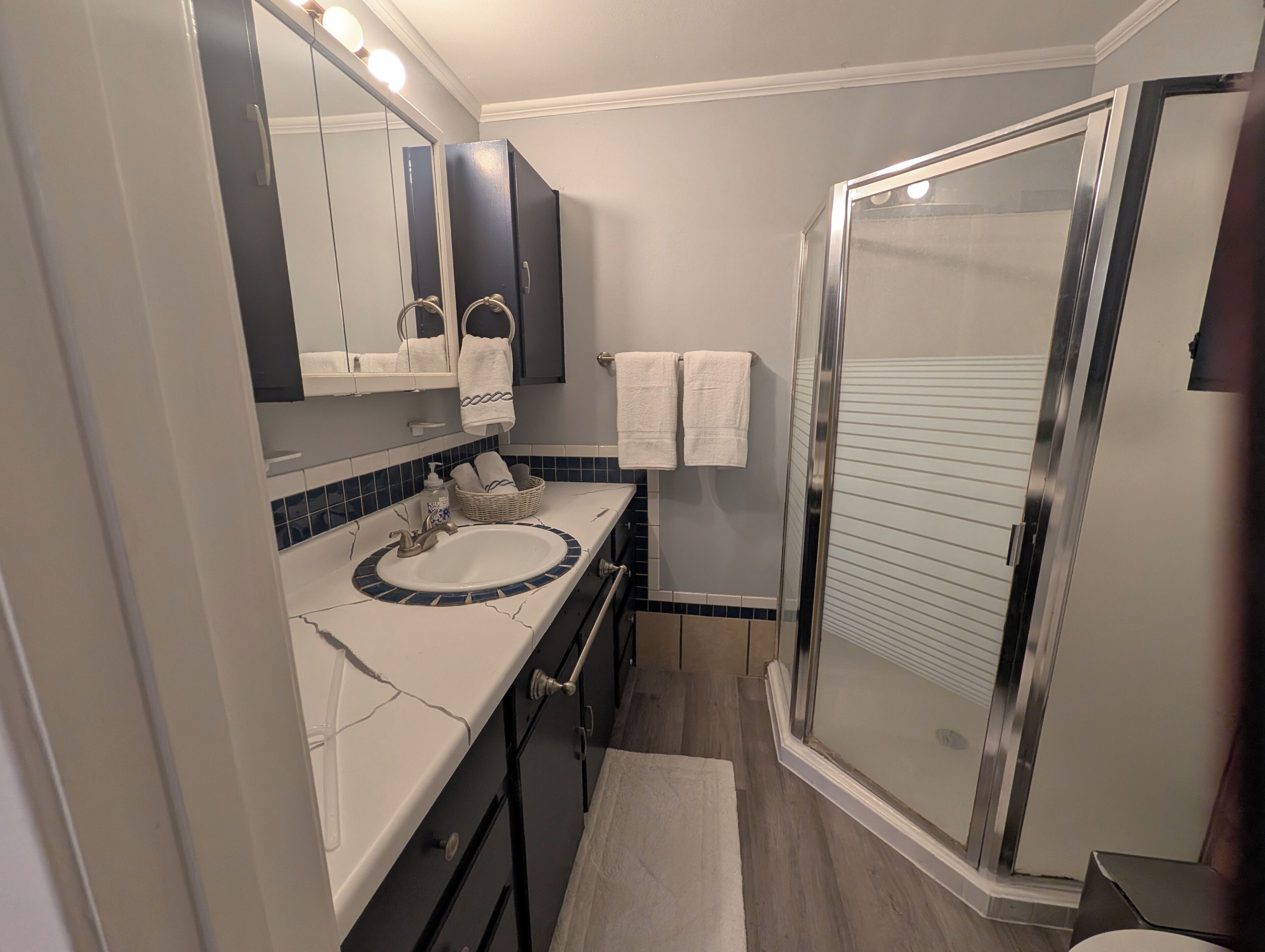 A bathroom with a white sink, a mirror, a shower with a glass door, and a towel rack.