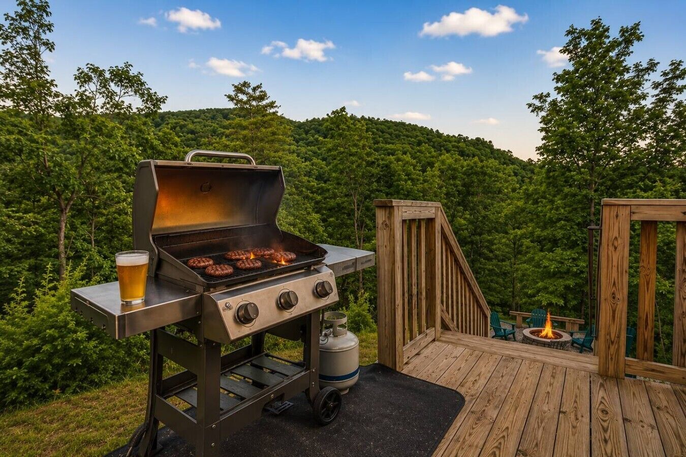 A portable grill with four burgers cooking, a glass of beer, and a wooden deck with a fire pit.
