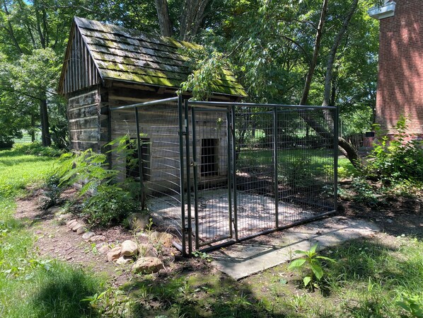 A rustic wooden cabin with a metal enclosure, surrounded by lush greenery and trees.