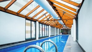 An indoor swimming pool with a glass ceiling and a long, narrow pool. - Exclusive Stays - Yarra Condos (Southbank)