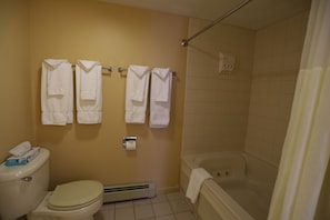 Ein Badezimmer mit Toilette, Badewanne und Duschvorhang.