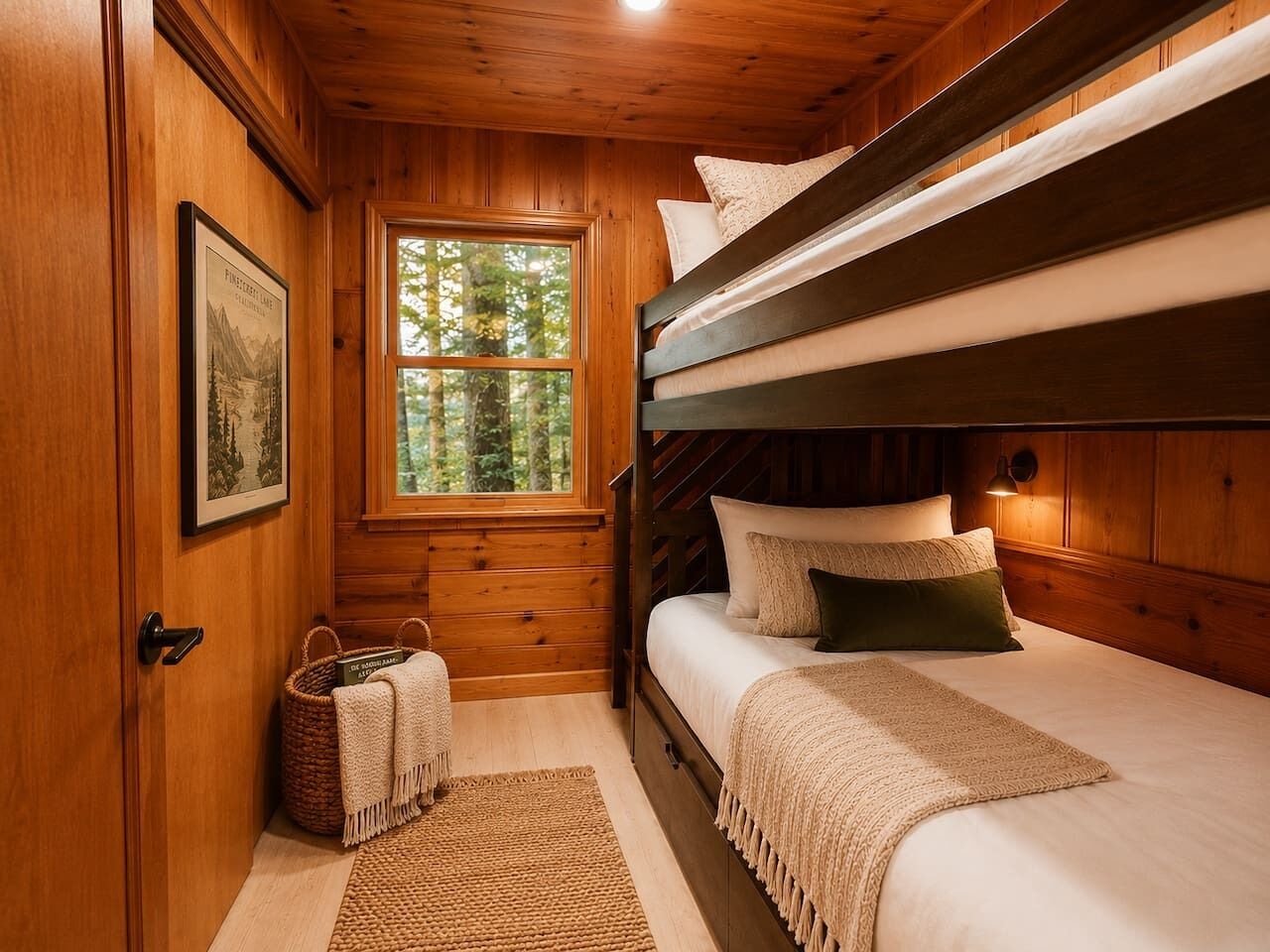 Una habitación de cabaña acogedora con literas, una ventana que da a los árboles, un cuadro en la pared y una cesta con libros.
