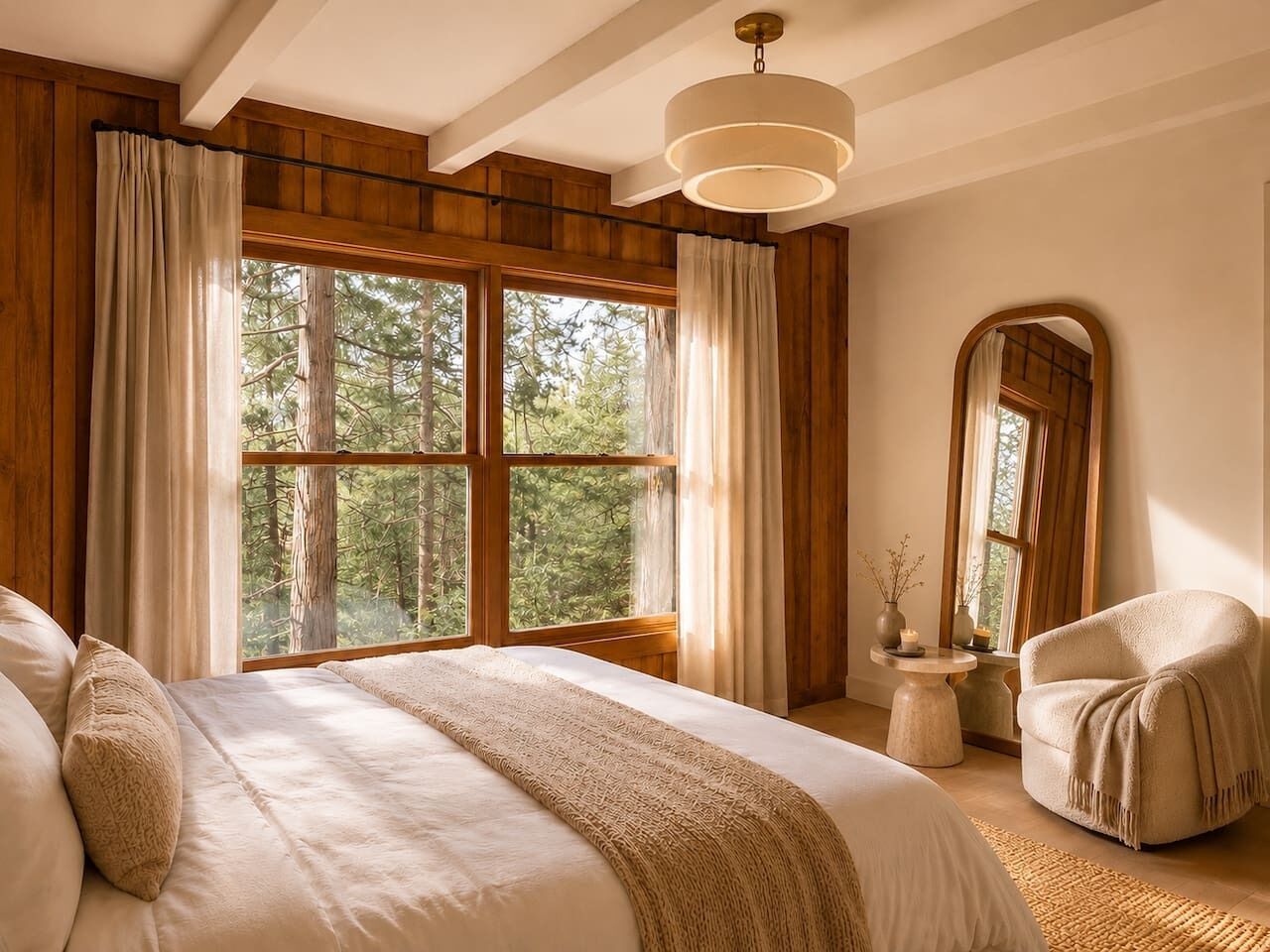 Une chambre avec un grand lit, une chaise, une table ronde et un miroir.