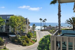 A coastal residential area with a road leading to the beach, palm trees, and a clear view of the ocean.