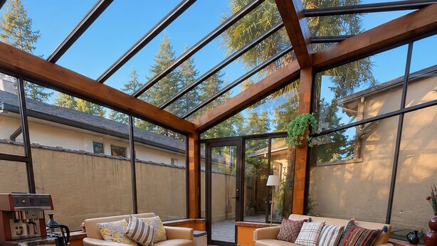A sunlit room with a glass ceiling, beige sofas, a coffee station, and a view of trees. - Casa Capilano (North Vancouver)