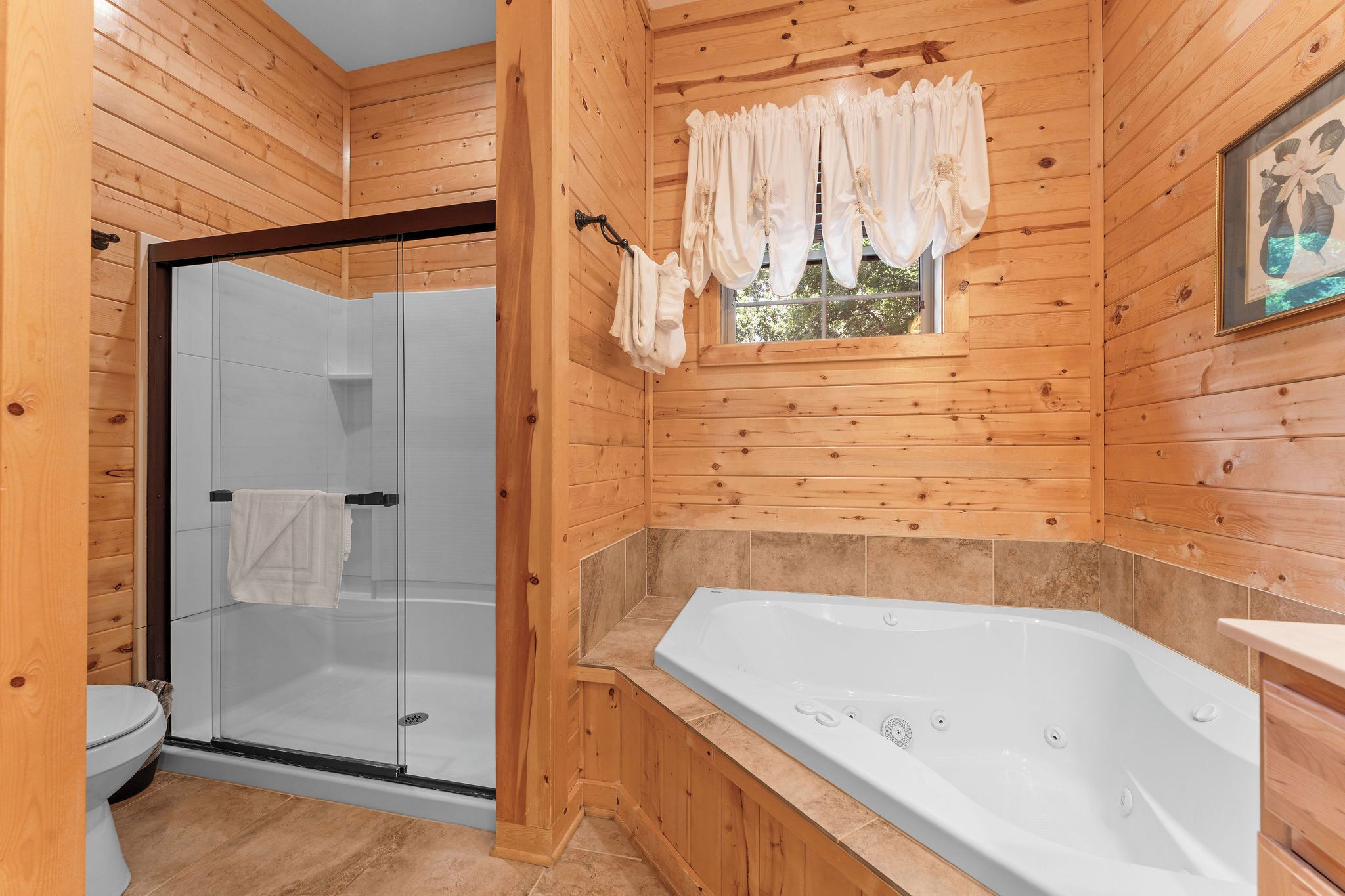 Shower, jetted tub, hair dryer, towels