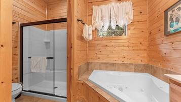 Shower, jetted tub, hair dryer, towels