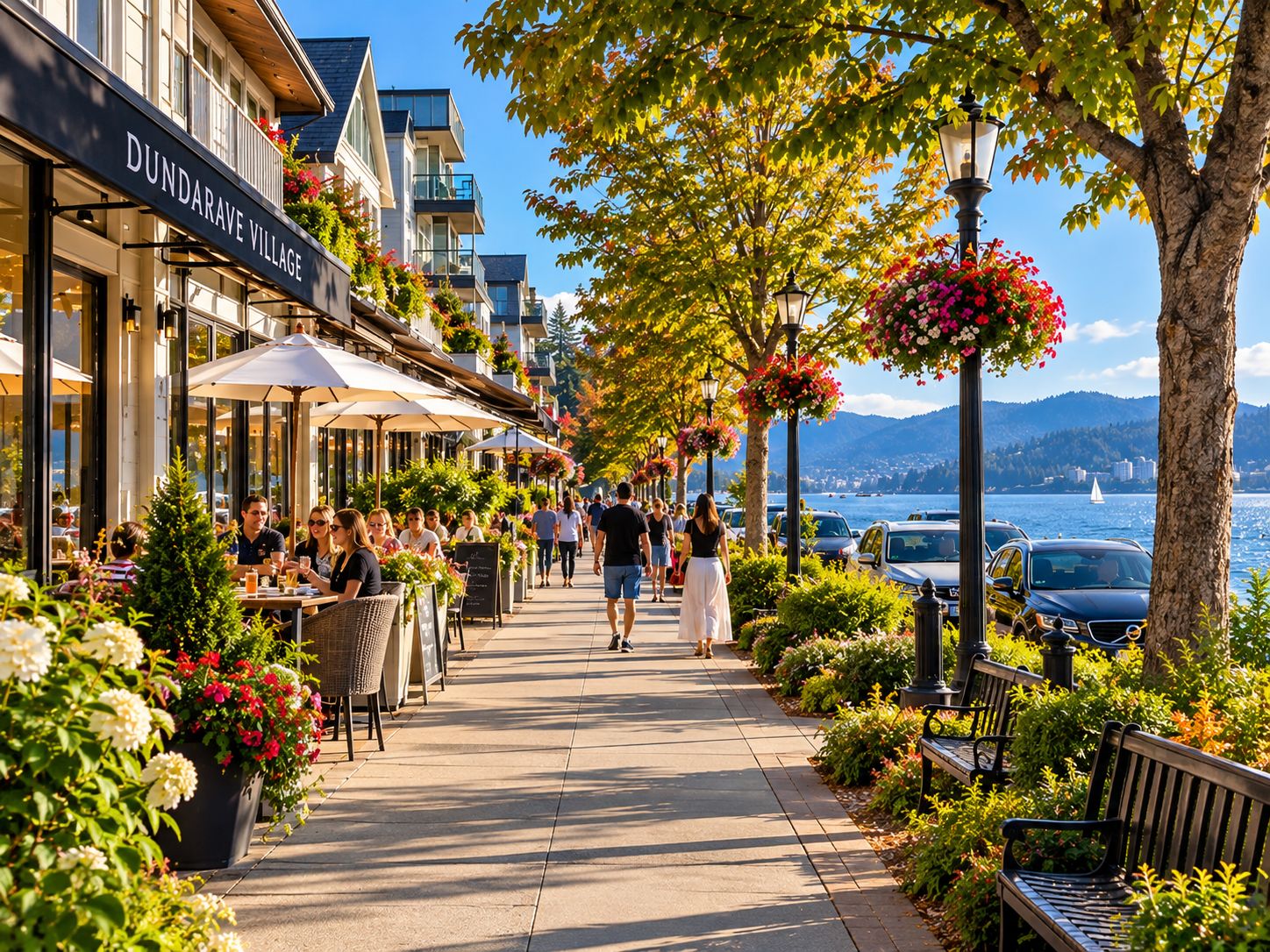 A bustling outdoor café with tables and chairs, a clear view of the water, and a building with a sign reading 'DUNDARAVE VILLAGE'.