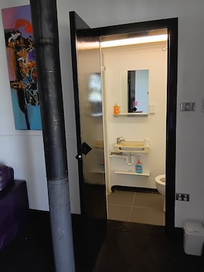 A bathroom with a toilet, sink, and mirror. There is a painting on the wall and a trash bin.