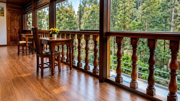 A spacious room with wooden flooring, large windows, and a view of a forest. - HOTEL PIEDRA BLANCA (Ollantaytambo)