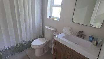 Regadera, toallas, jabón, papel de baño