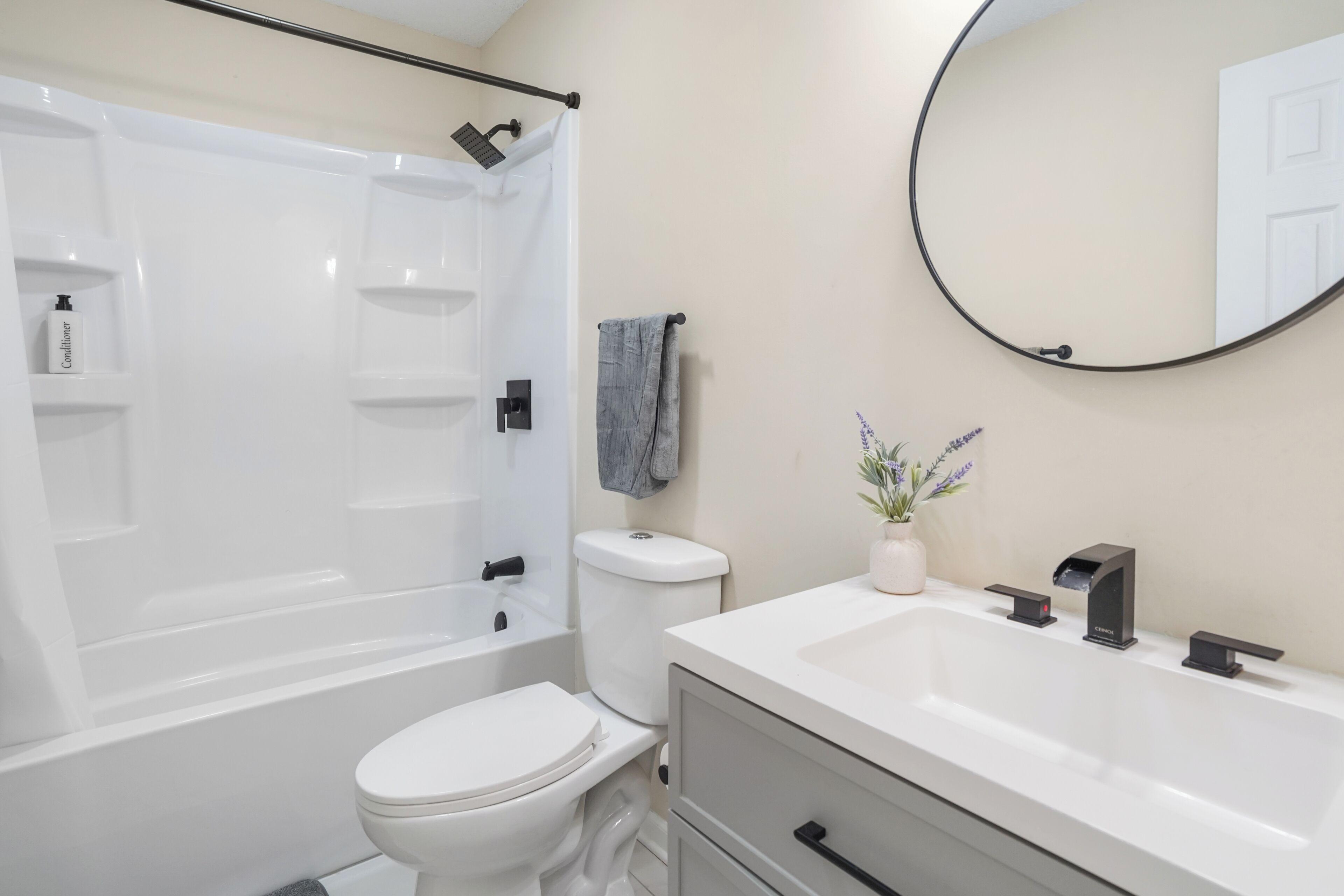 Hair dryer, towels, soap, toilet paper