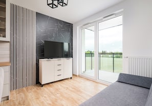 Una camera da letto moderna con televisore, divano, porta scorrevole in vetro che dà su un balcone e pavimento in legno.