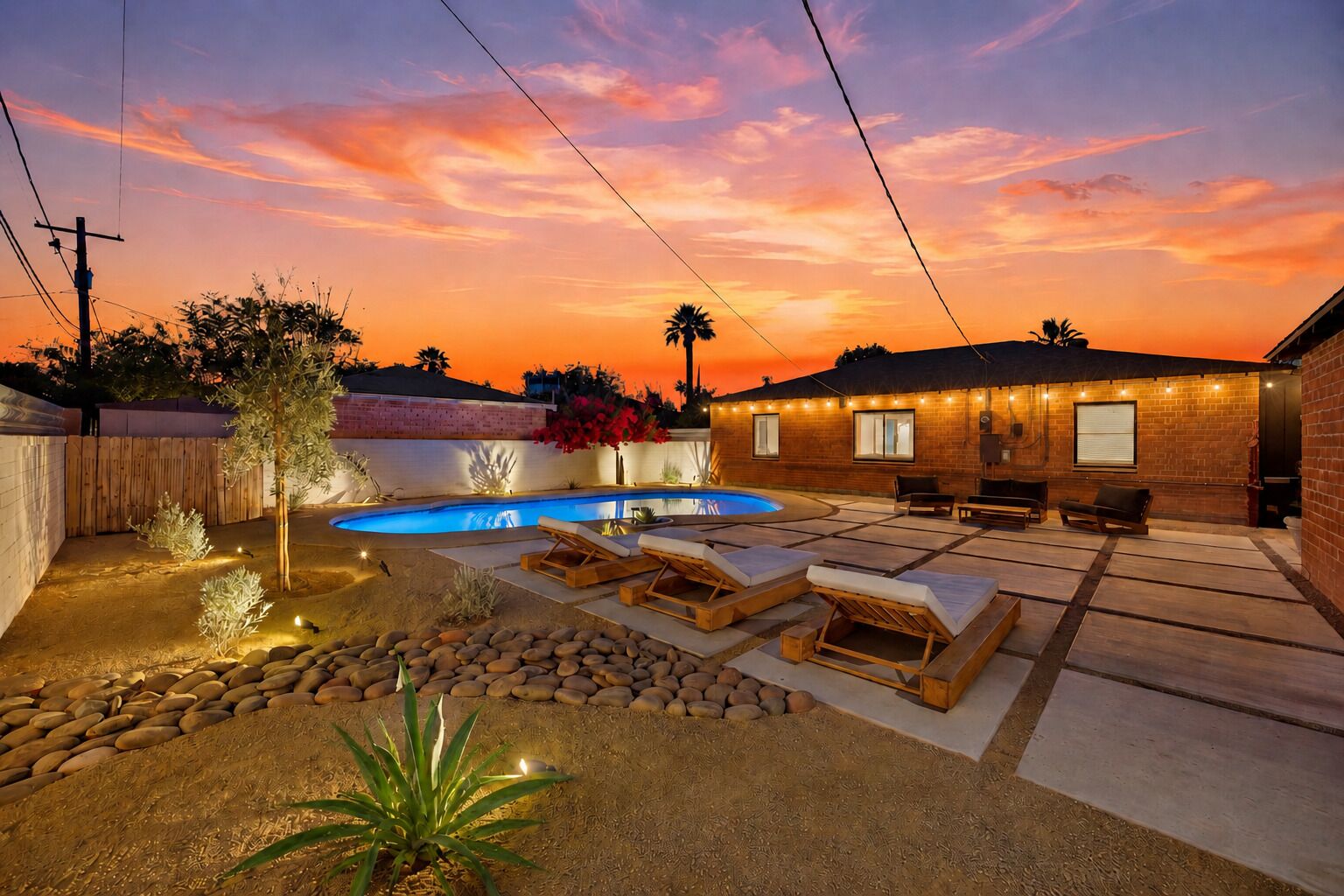 A backyard with a swimming pool, lounge chairs, and a brick building.