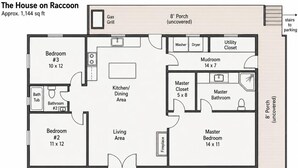 A floor plan of a house with a covered porch, two bedrooms, a kitchen, a living area, and a master bedroom. - Brand new creekside home with hot tub, private dock and boat ramp! (Gallipolis)