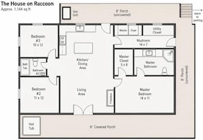 A floor plan of a house with a covered porch, two bedrooms, a kitchen, a living area, and a master bedroom.