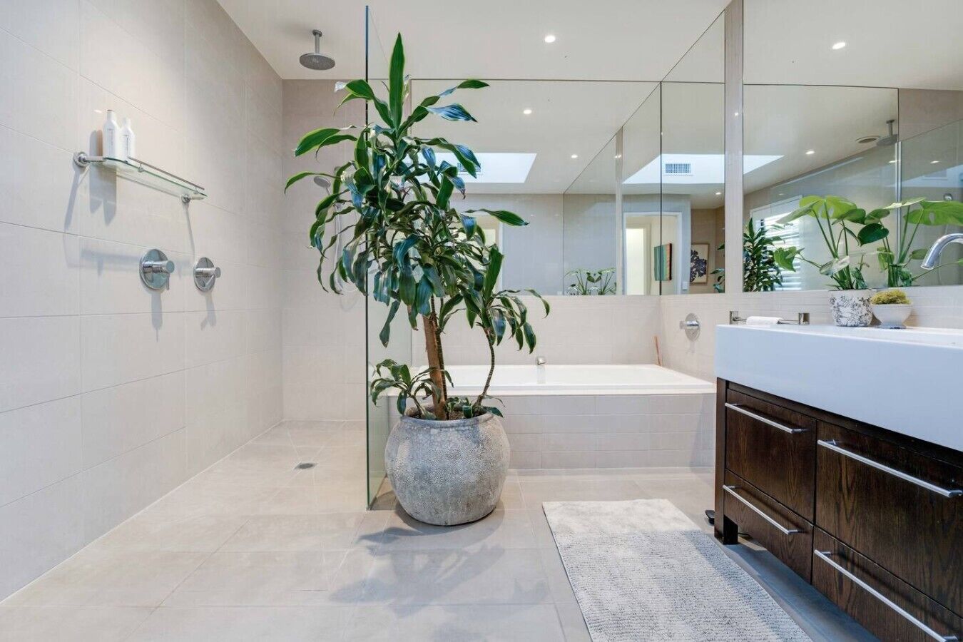 Un baño moderno con un espejo grande, una bañera, una ducha y una planta en maceta.