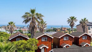 Zona residencial costera con casas de madera, palmeras y vista al mar.