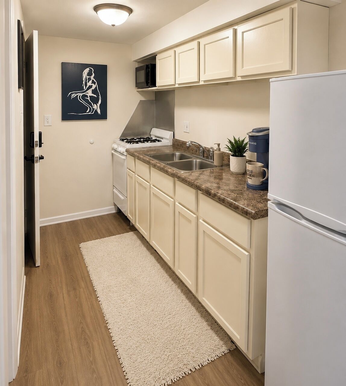 Coffee/tea maker, fridge, microwave, oven