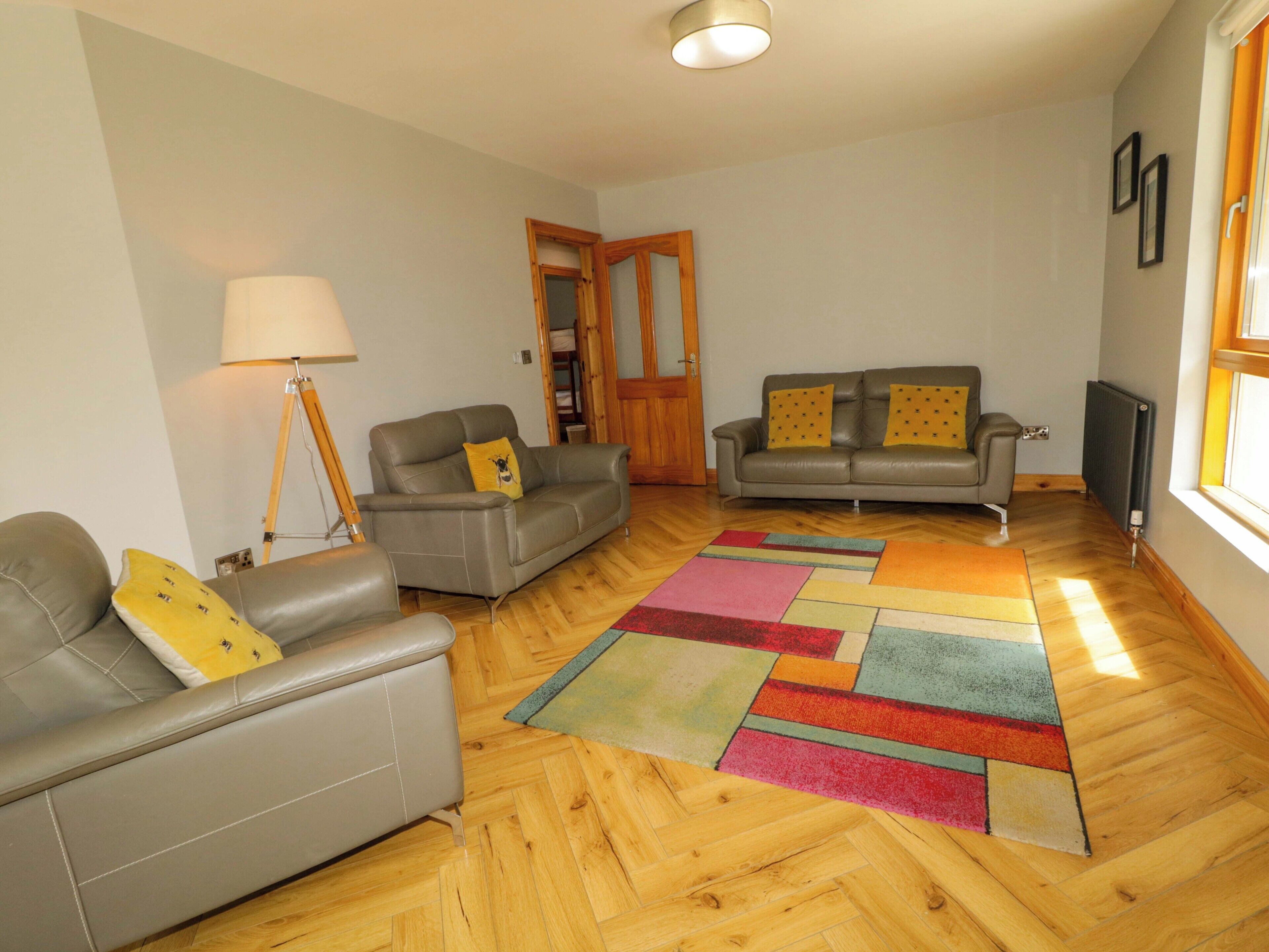 A living room with two sofas, a lamp, a radiator, and a colorful rug.