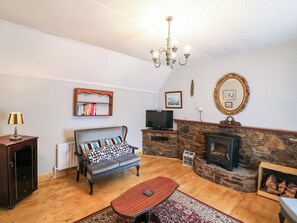 Een woonkamer met een stenen openhaard, een bank, een televisie en een kroonluchter.