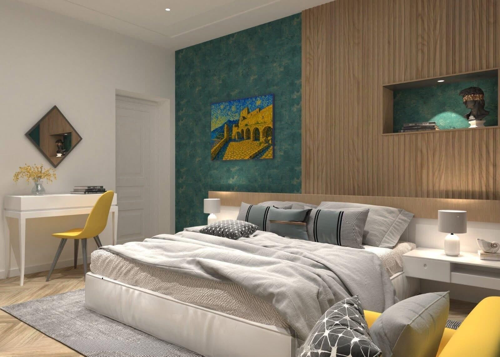 Quarto moderno com cama, mesas de cabeceira, escrivaninha e uma cadeira.